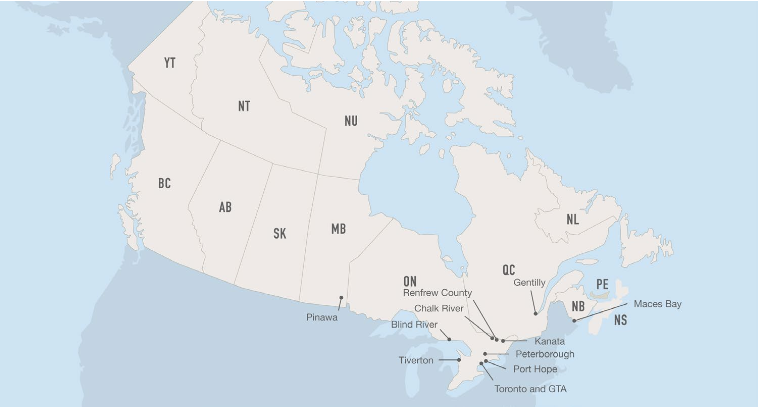 This map depicts the location of the majority of Canada’s current intermediate-level waste.